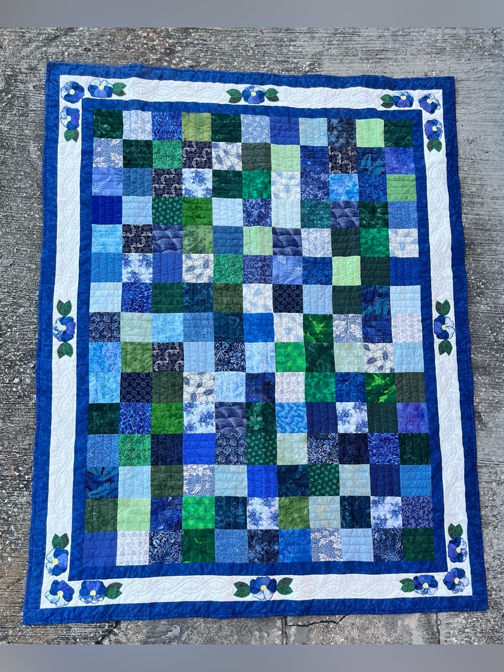 Handmade Quilt Wall Hanging Blue Green Flowers Coastal Handcrafted